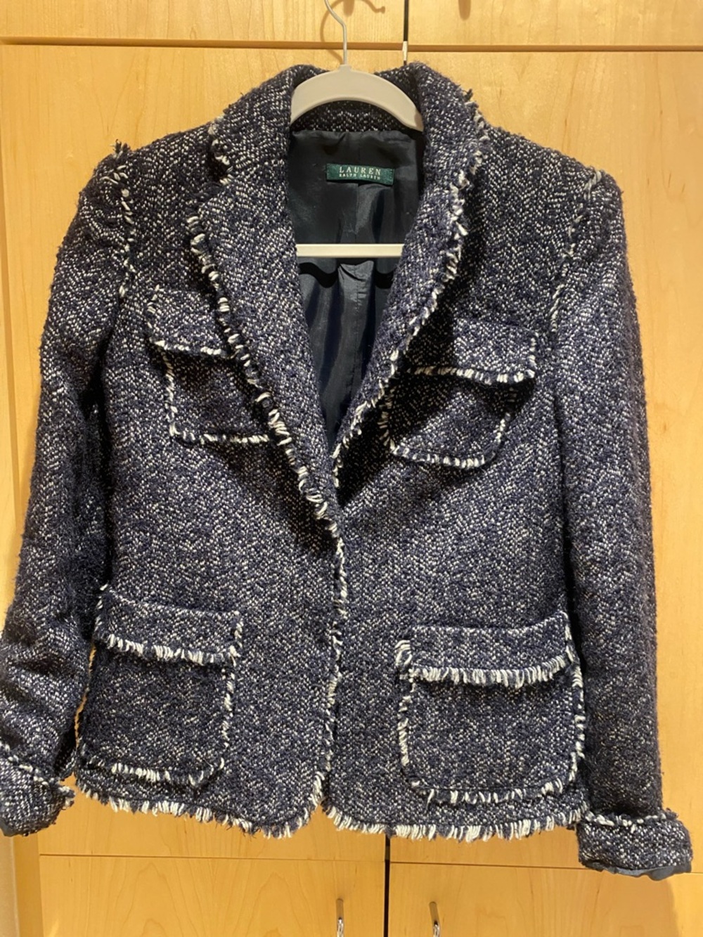 Ralph Lauren Navy Tweed Fringed-Trim Blazer
